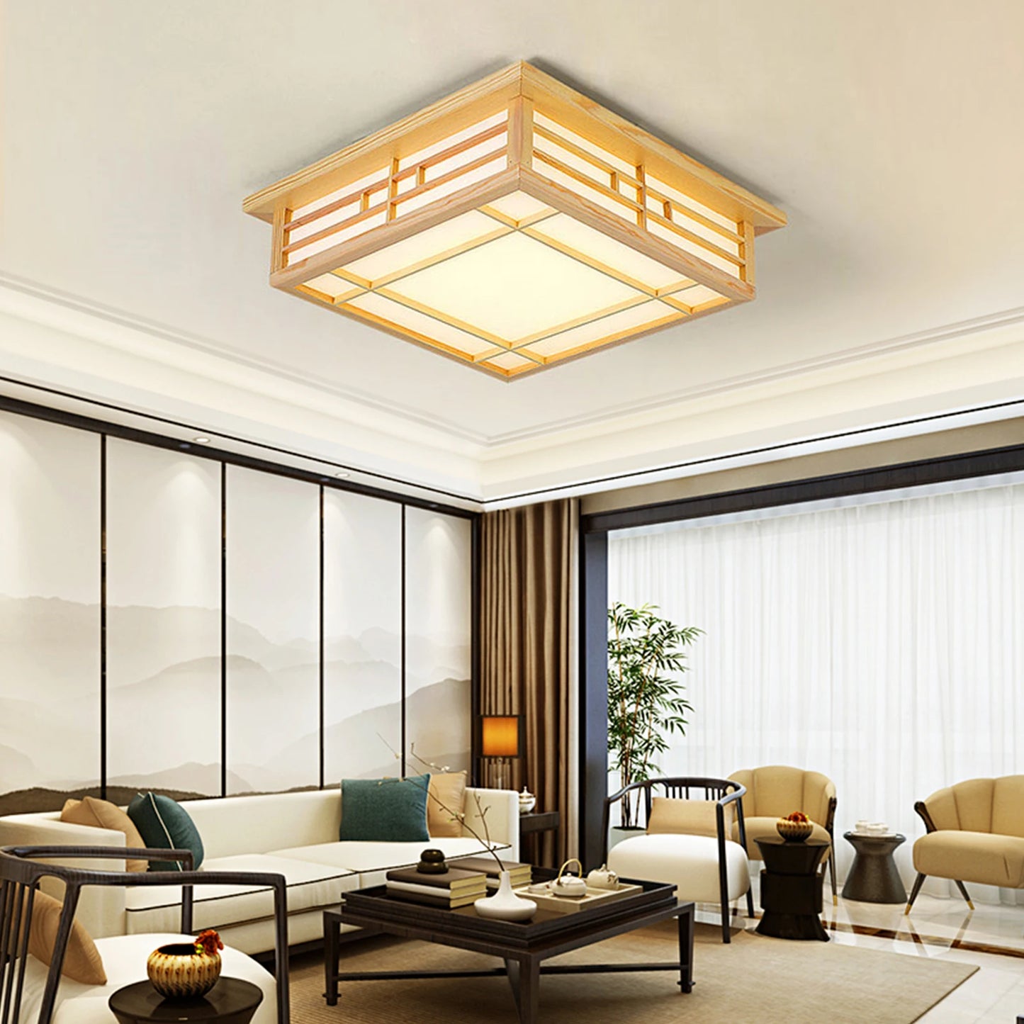 Japan Style Solid Wood Ceiling Lamp With Remote Control LED Flush Mount
