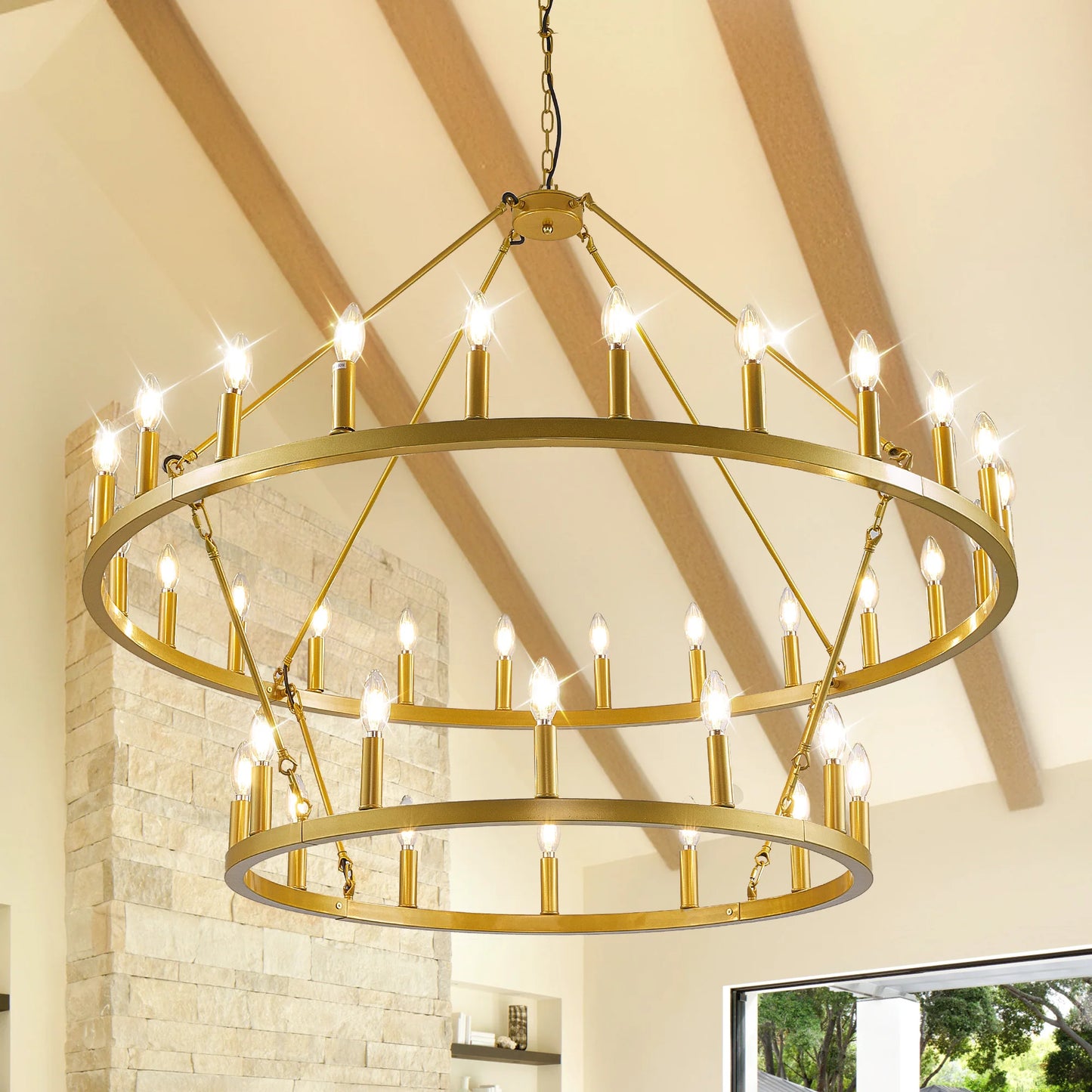47 Inch Wagon Wheel Chandelier 2 Tier 36 Lights Farmhouse Pendant Dimmable