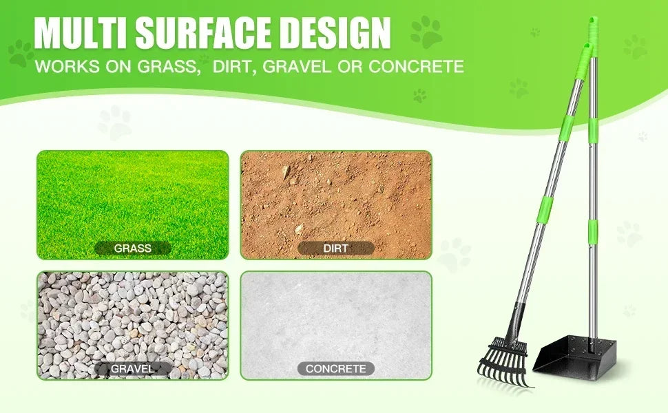 Dog Poop Scoop With Long Handle Stainless Steel Tray And Rake For Medium Dogs