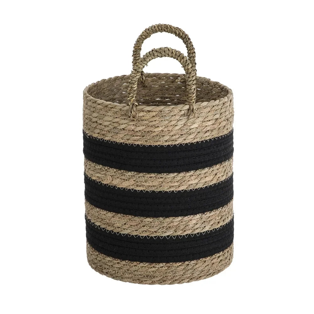 Two Pack Handcrafted Rush Baskets With Handles Decorative Round Storage Bins