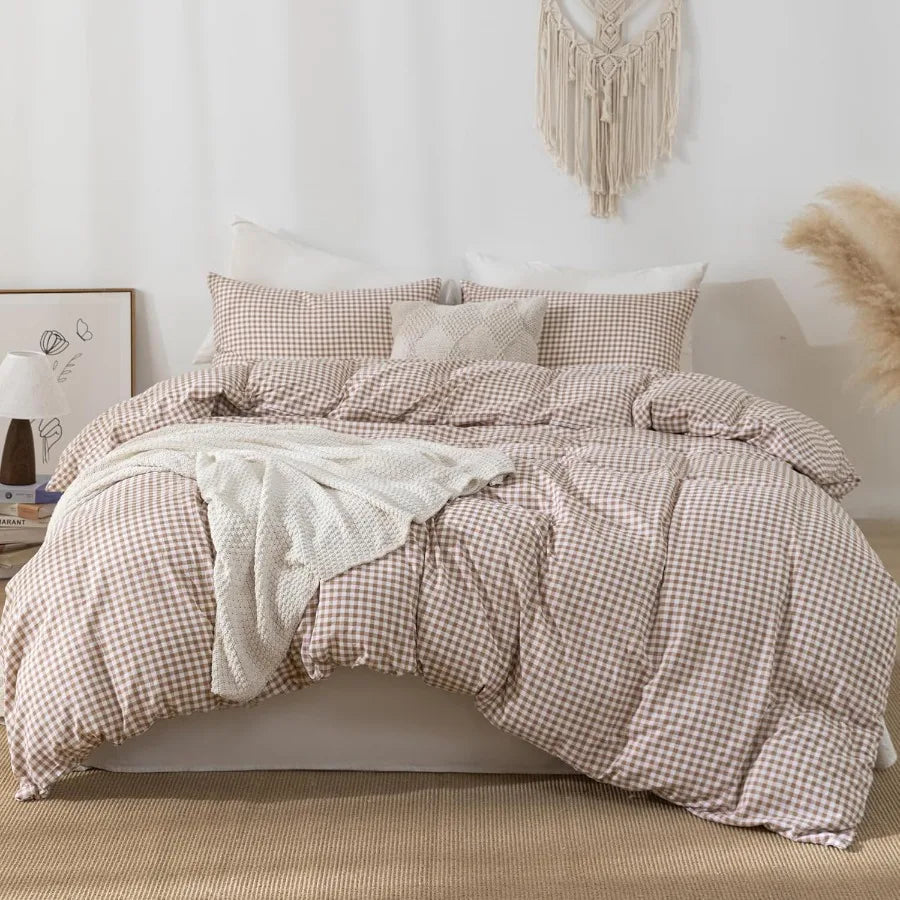 Tan Gingham Duvet Cover Bedding Set 3 Piece Extra Soft Breathable Brown Plaid