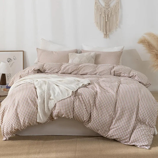 Tan Gingham Duvet Cover Bedding Set 3 Piece Extra Soft Breathable Brown Plaid