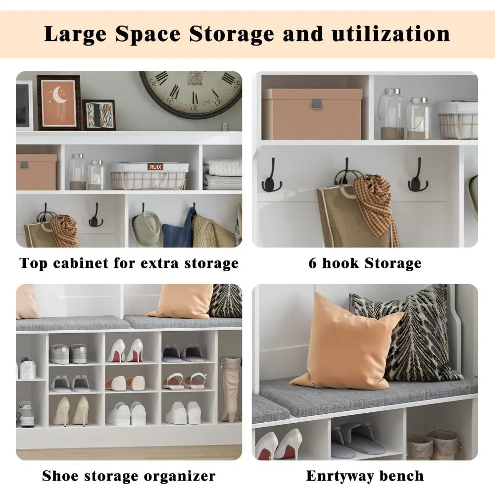 Hanger with Bench and Shoe Cabinet, 53 Storage Boxes with Hangers, 6 Hooks, 12 Shoe Cabinets