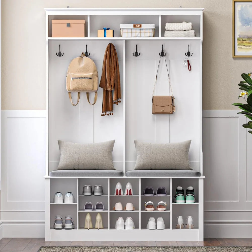 Hanger with Bench and Shoe Cabinet, 53 Storage Boxes with Hangers, 6 Hooks, 12 Shoe Cabinets