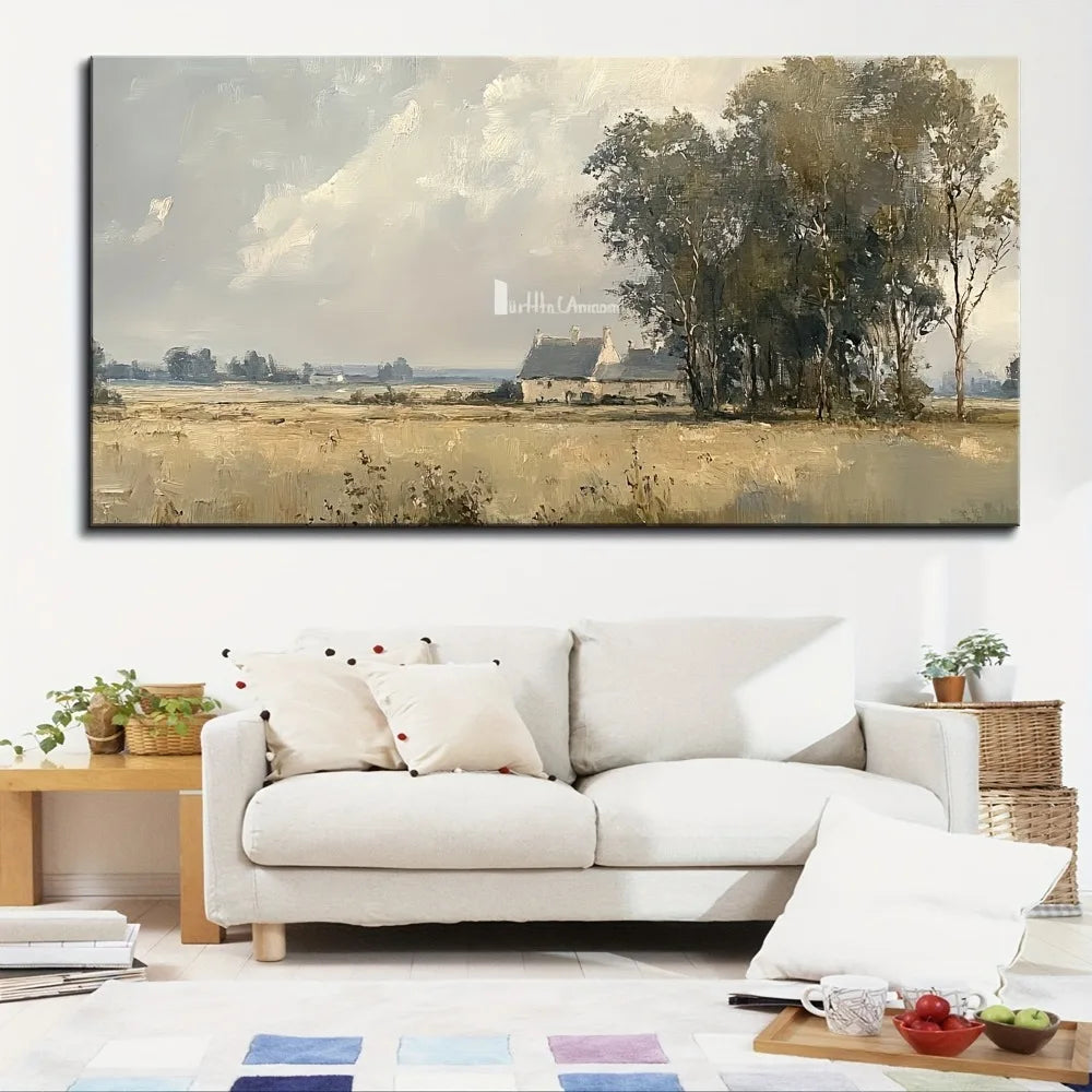 1.5 inch thick pine solid wood frame, autumn landscape painting, wildflower autumn canvas poster, vintage country mural
