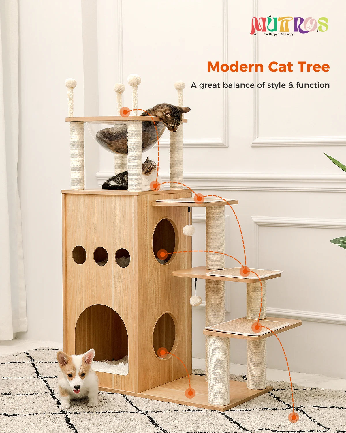 Multi Level Cat Tree Indoor Wood Cat Tower With Scratching Posts And Hammock