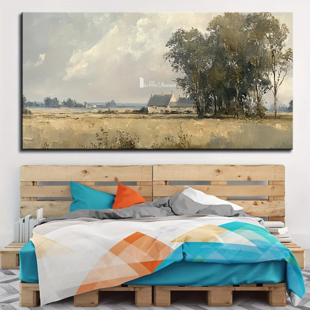 1.5 inch thick pine solid wood frame, autumn landscape painting, wildflower autumn canvas poster, vintage country mural