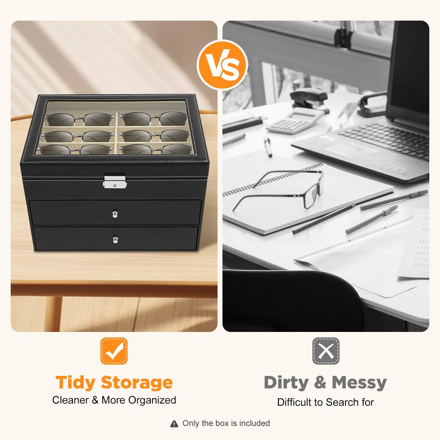 Black 3 Tier Eyeglasses Display Case For 24 Glasses With Lid 34x25x19 Cm