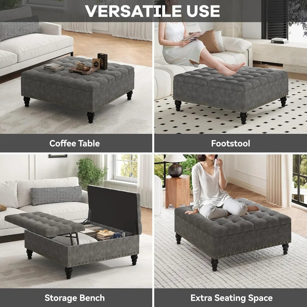 Chenille Ottoman Coffee Table With Large Storage Dark Grey Easy Assembly
