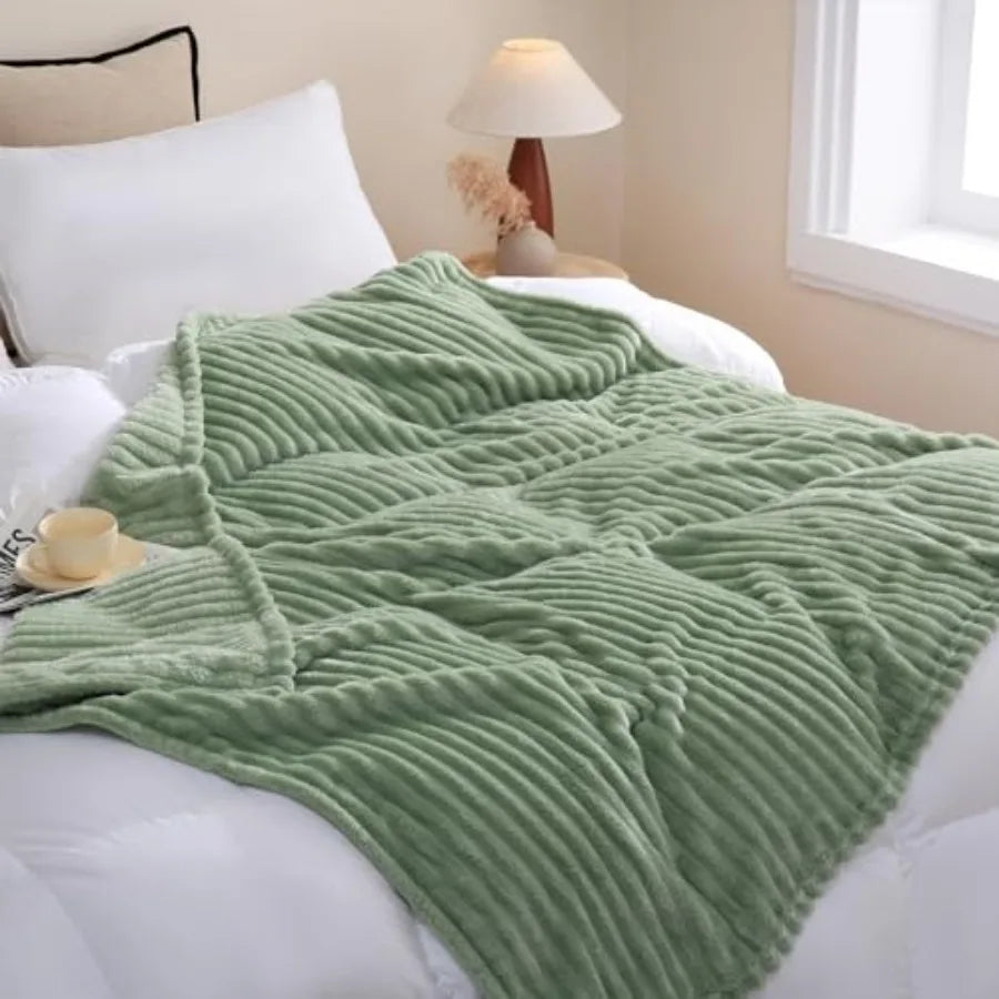 Sage Green Fleece Throw Blanket Striped 50x60 For Couch Sofa Bed Super Soft