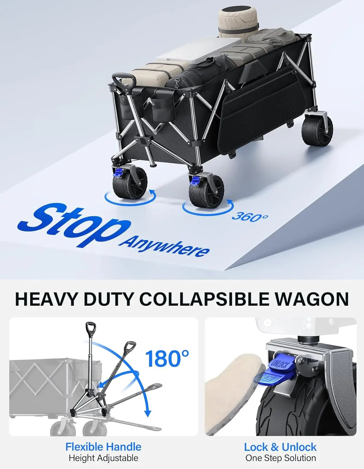 Heavy Duty Collapsible Wagon 440 Lbs Capacity With Big Wheels For Beach Camping