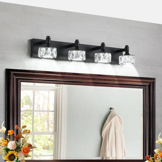 LED Vanity Light 4 Light Matte Black Fixture With Crystal Glass Shades
