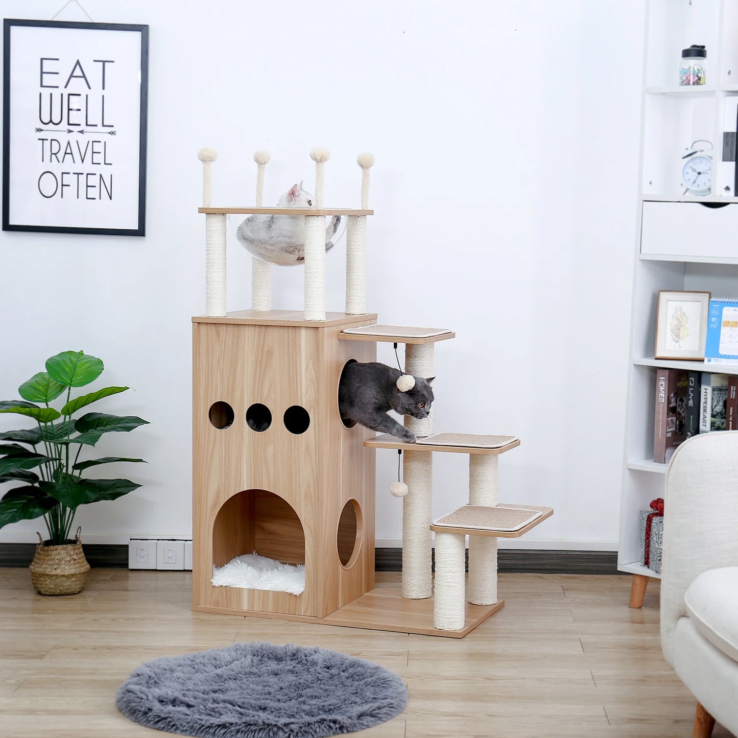 Multi Level Cat Tree Indoor Wood Cat Tower With Scratching Posts And Hammock