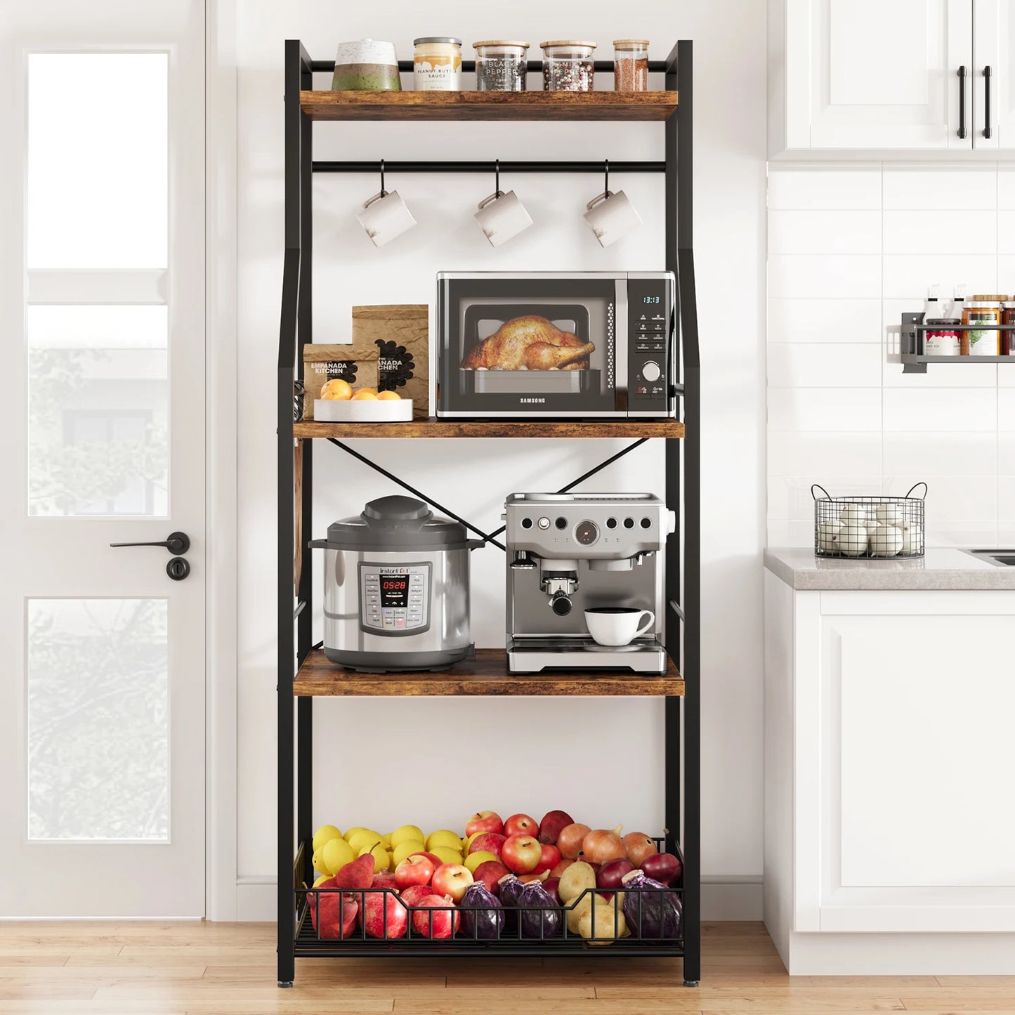 4-Tier Kitchen Bakers Rack With Microwave Oven Stand And Wire Basket 8 Hooks