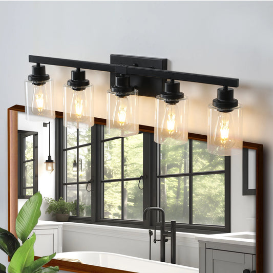 Modern Industrial Bathroom Vanity Light Five Light Sconce Clear Glass Lampshades
