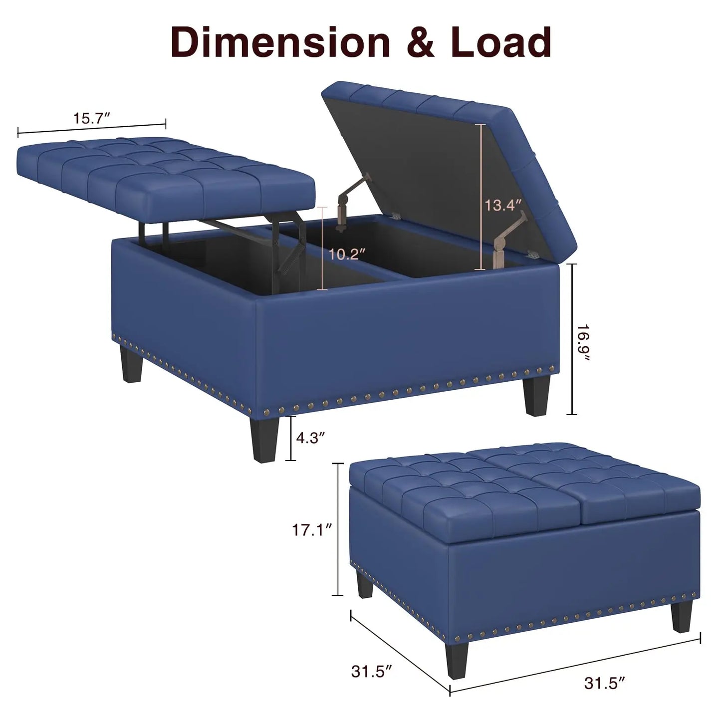 Vabches Square Ottoman Storage Bench Lift Top Faux Leather Footrest