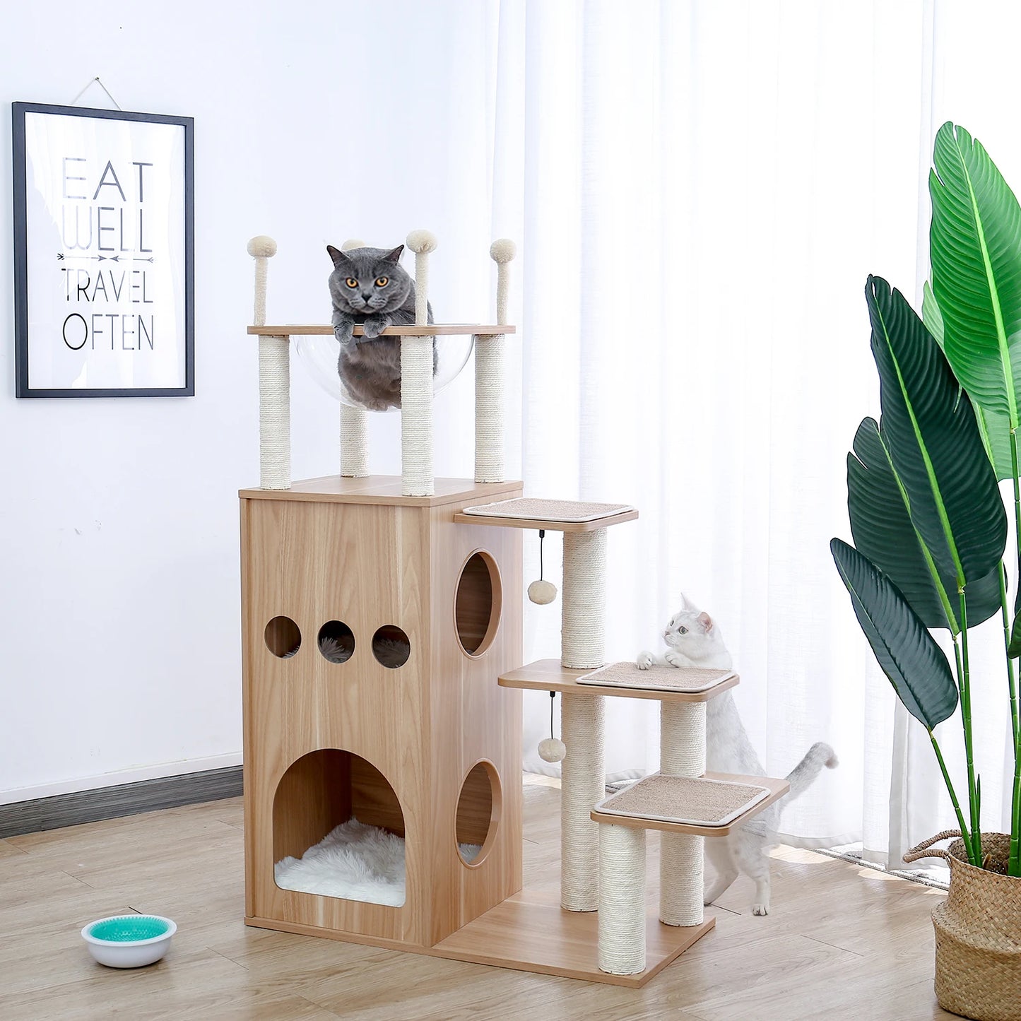 Multi Level Cat Tree Indoor Wood Cat Tower With Scratching Posts And Hammock