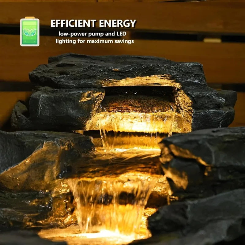 37 Inch Water Fountain Floor Standing 5 Tier Rock Waterfall LED Lights Patio