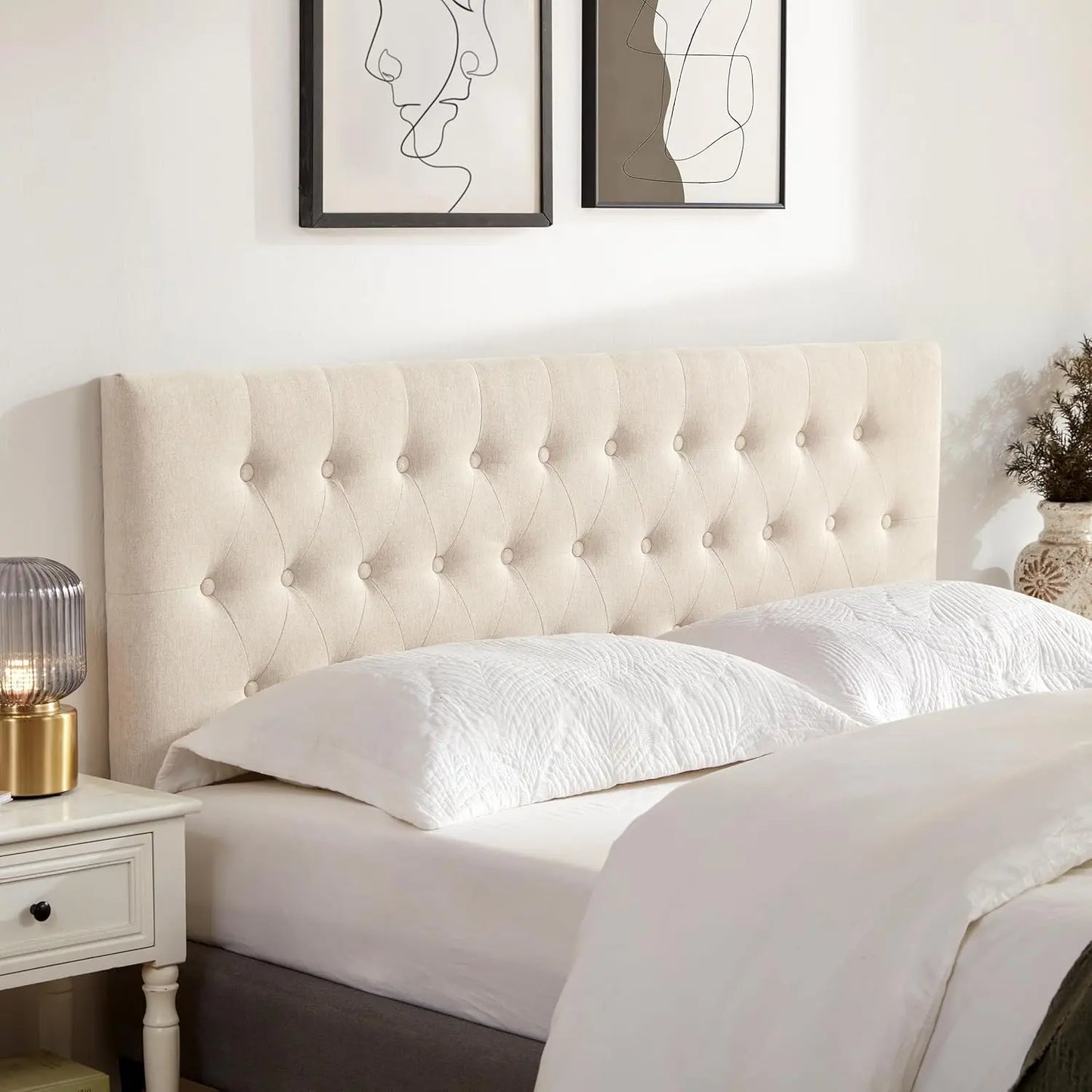 Beige Upholstered Queen Headboard Tufted With Wood Frame And Metal Legs 37 To 51