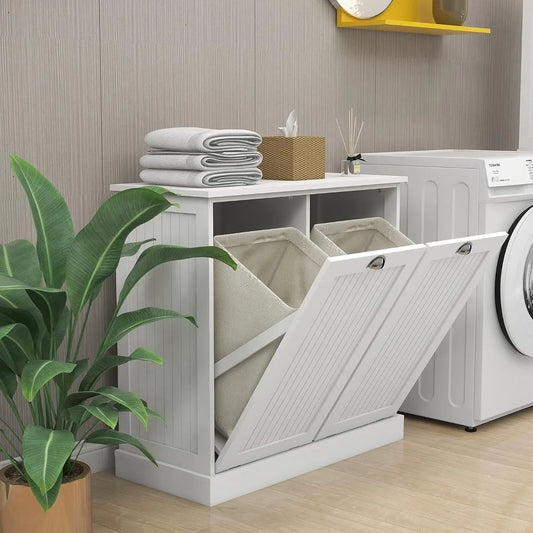 Modern Double Tilt Out Laundry Hamper Cabinet With Removable Fabric Baskets