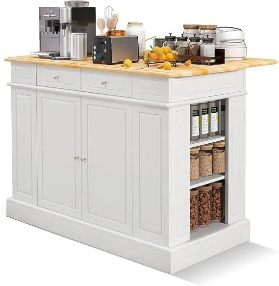 Kitchen Island With Drop Leaf Rubber Wood Top Storage Cabinet With 2 Drawers