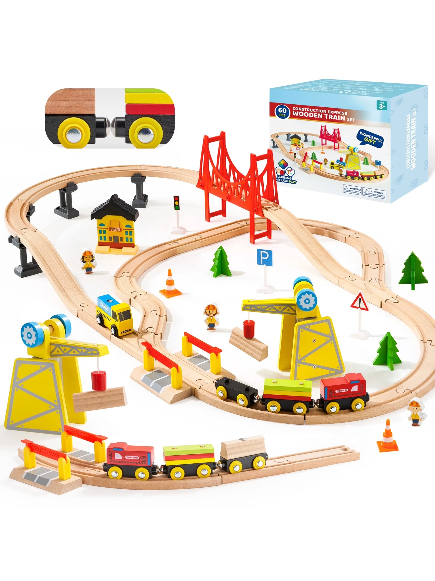 Joyfy 60 Pcs Kids Train Toys Wooden Tracks & 6 Magnetic Trains Expandable Train Set for Toddlers Birthday Christmas Gifts