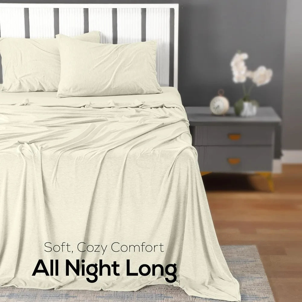 King Jersey Knit Sheet Set 4-Piece - Soft Stretchy Cotton Blend Bedding in Heather Oatmeal