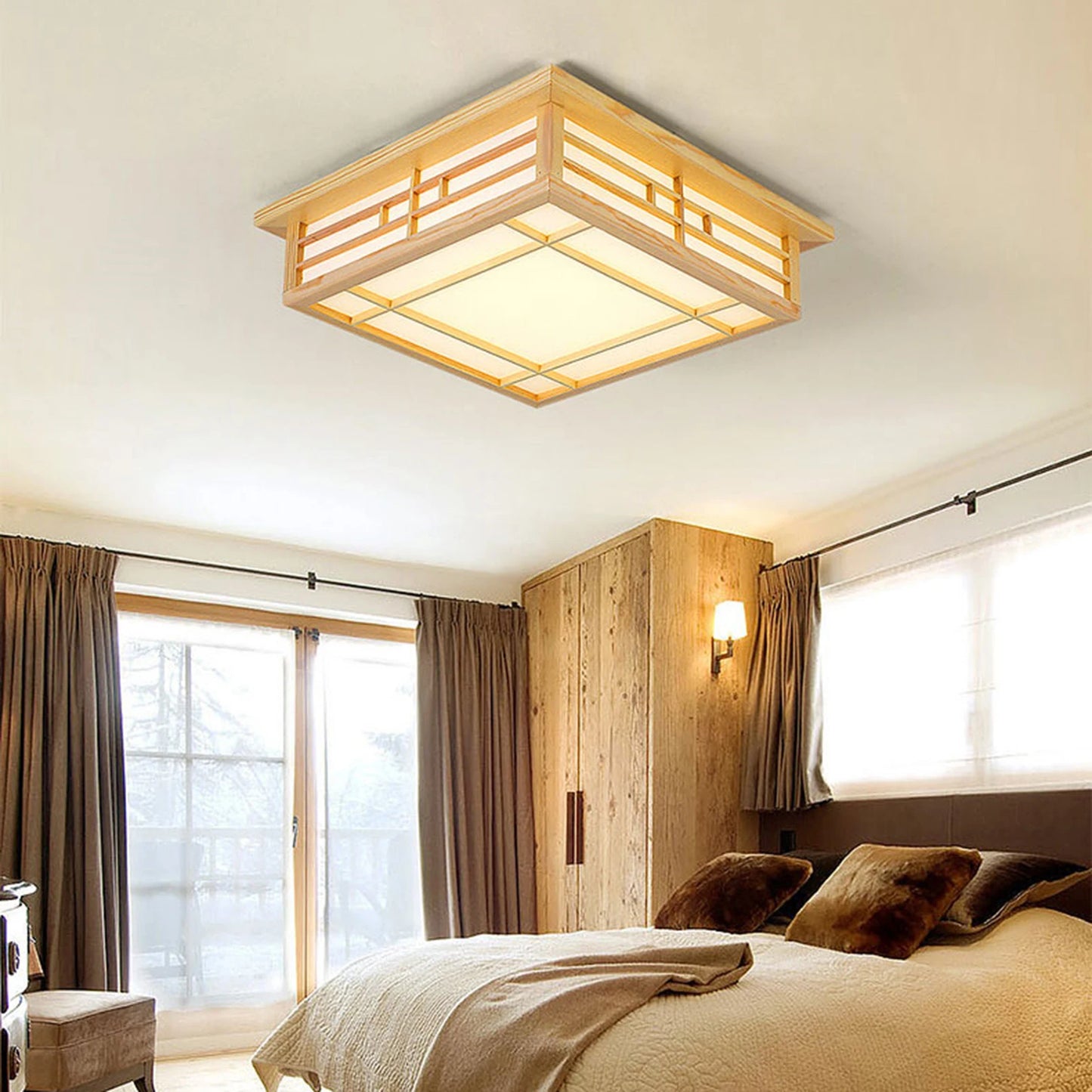 Japan Style Solid Wood Ceiling Lamp With Remote Control LED Flush Mount
