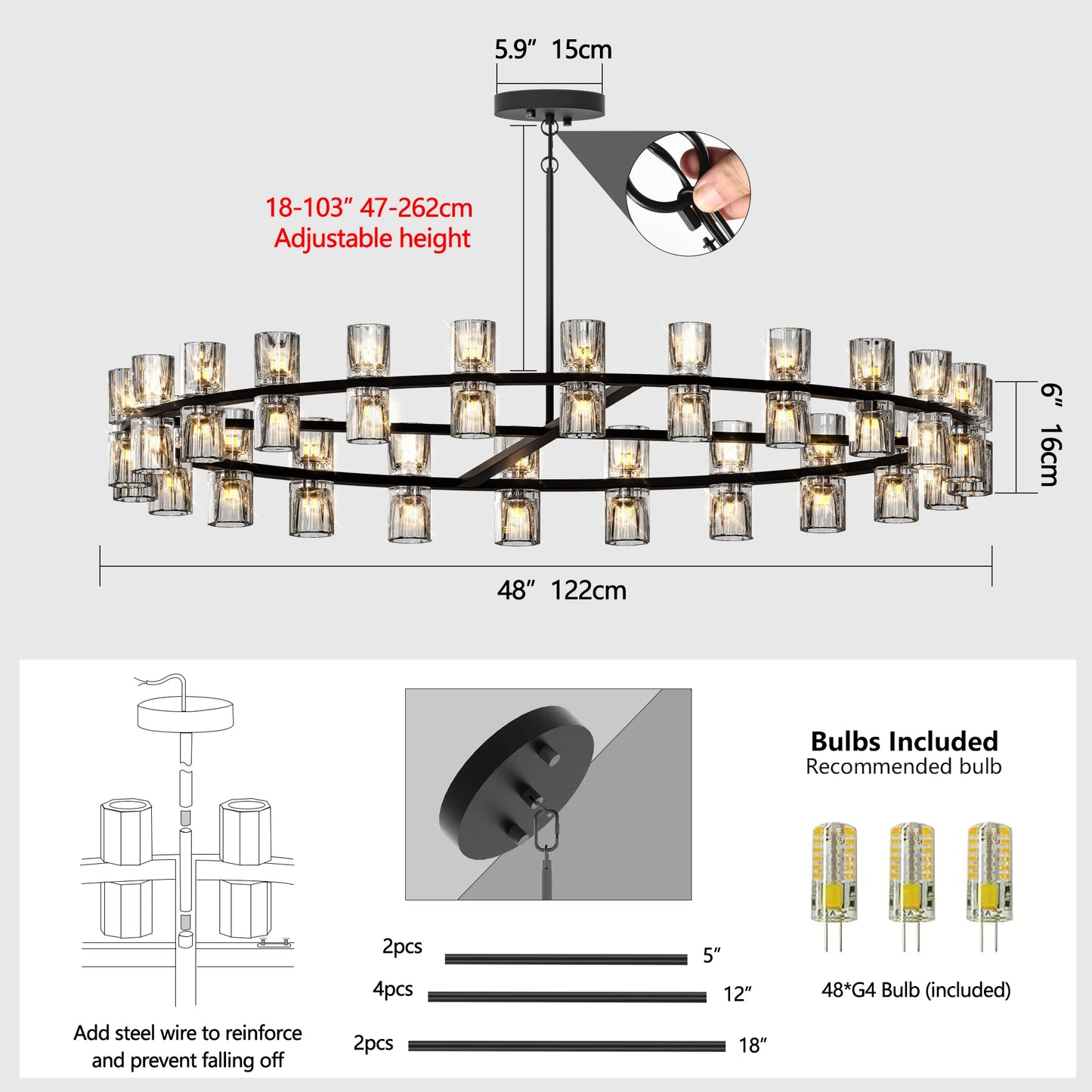 Modern 48 Inch Black Round Chandelier Crystal Wagon Wheel Pendant Light