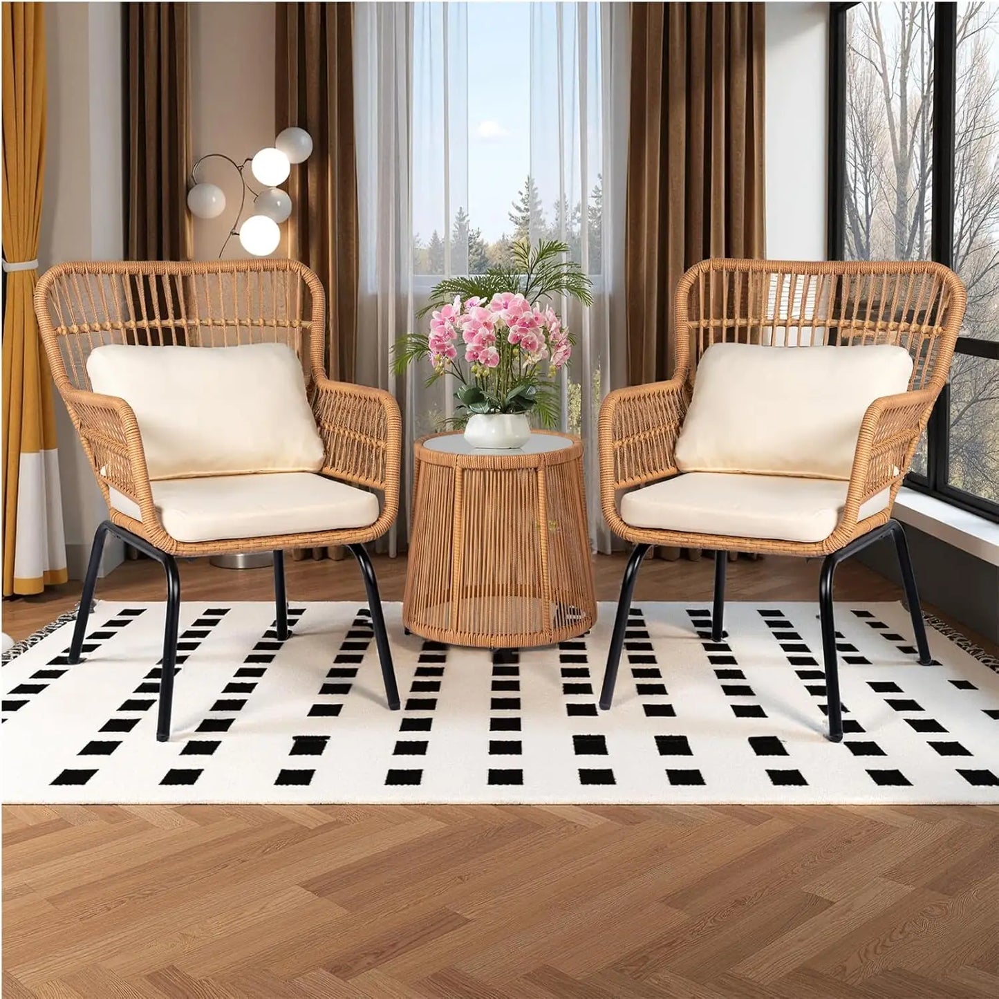 3 Piece Patio Wicker Bistro Set With 2 Large Chairs And Tempered Glass Table