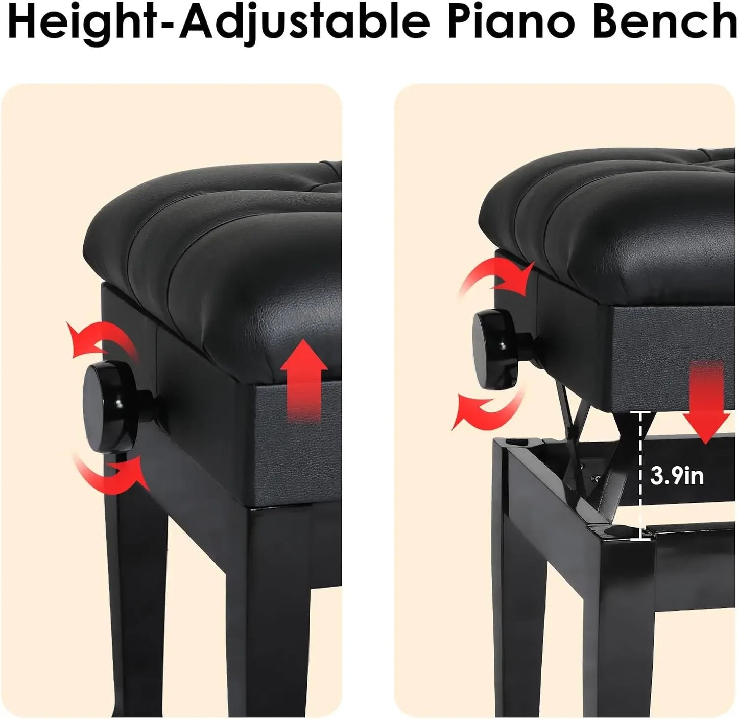 Double Piano Bench Leather With Storage Adjustable Cushion Black