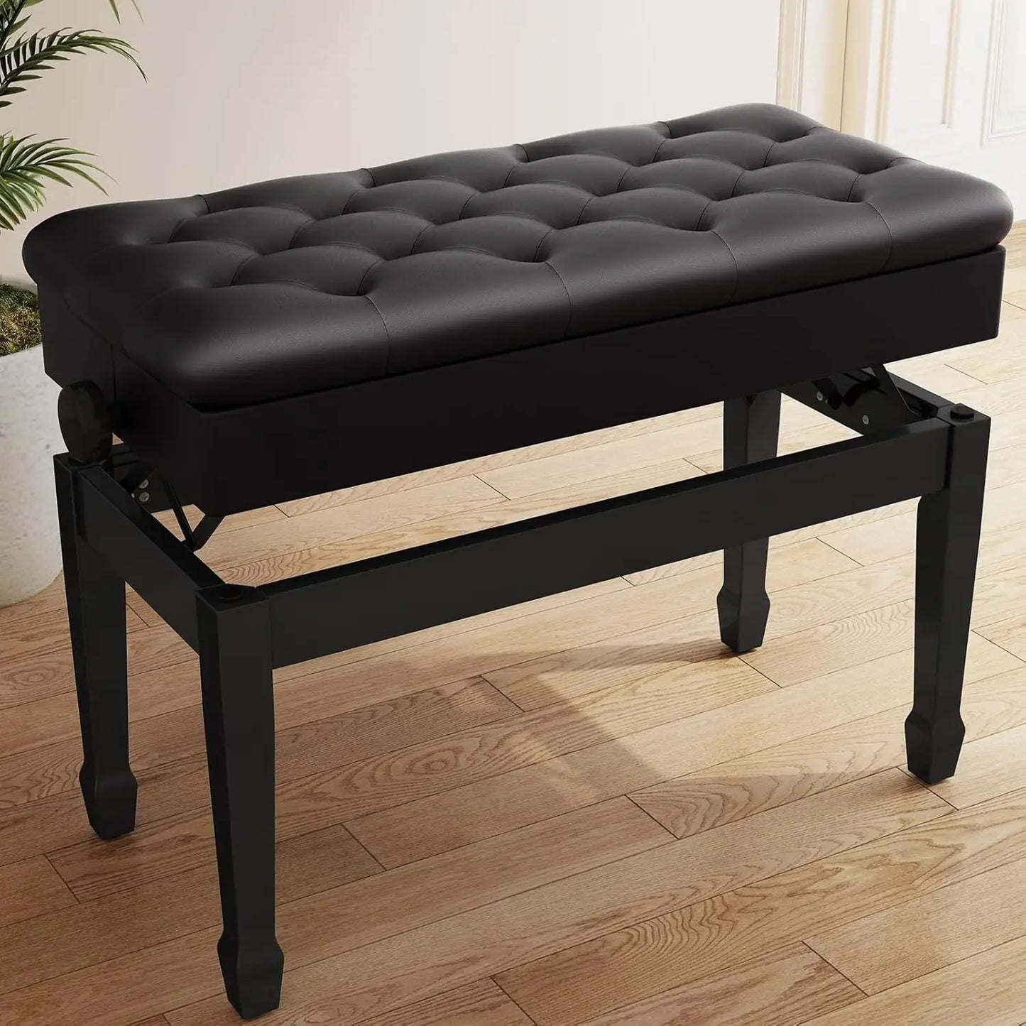 Double Piano Bench Leather With Storage Adjustable Cushion Black