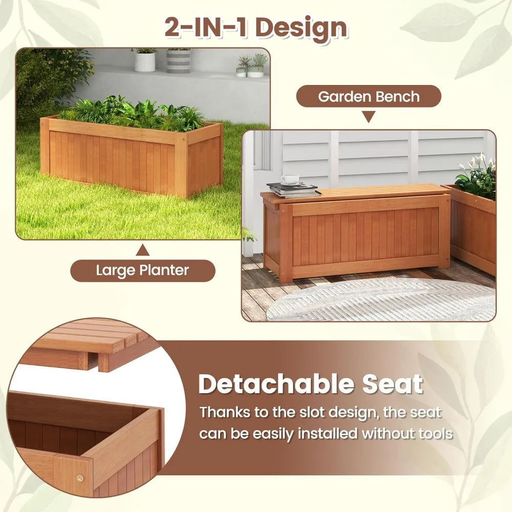 Ticify 3-In-1 Outdoor Teak Bench With Raised Bed And Planter Boxes