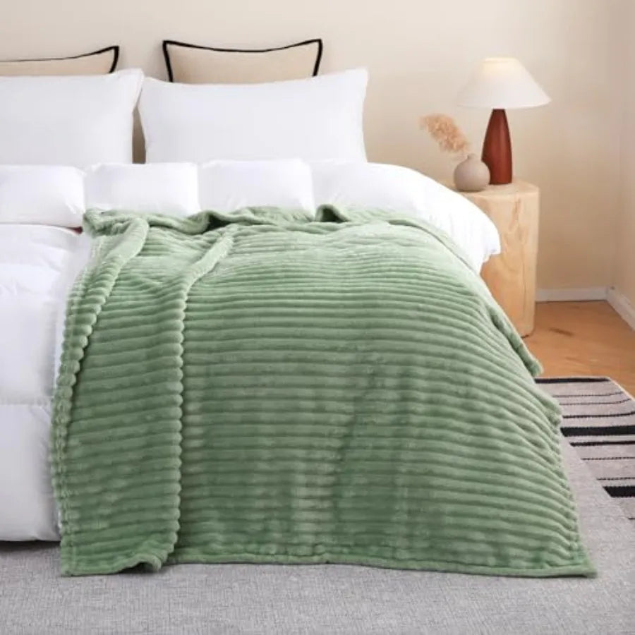 Sage Green Fleece Throw Blanket Striped 50x60 For Couch Sofa Bed Super Soft
