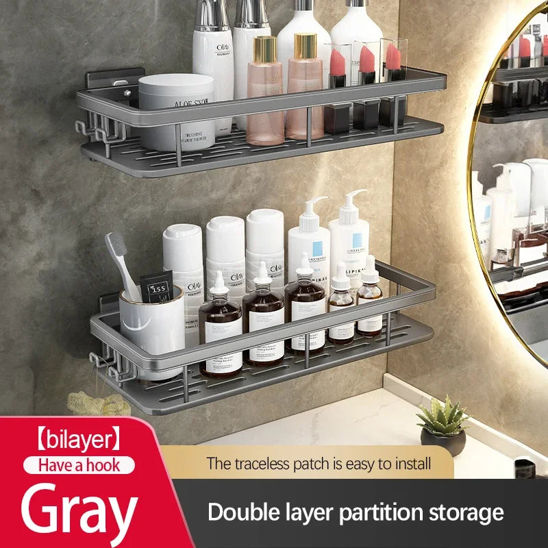 Double Tier Stainless Steel Anti-Rust Bathroom Shower Storage Rack with Suction Cups
