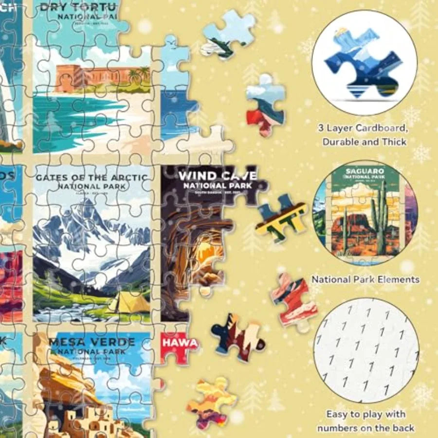 National Park Puzzle Advent Calendar 2025 for Adults and Teens: 1008Piece Countdown to Christmas with 63 Travel Poster Landscap