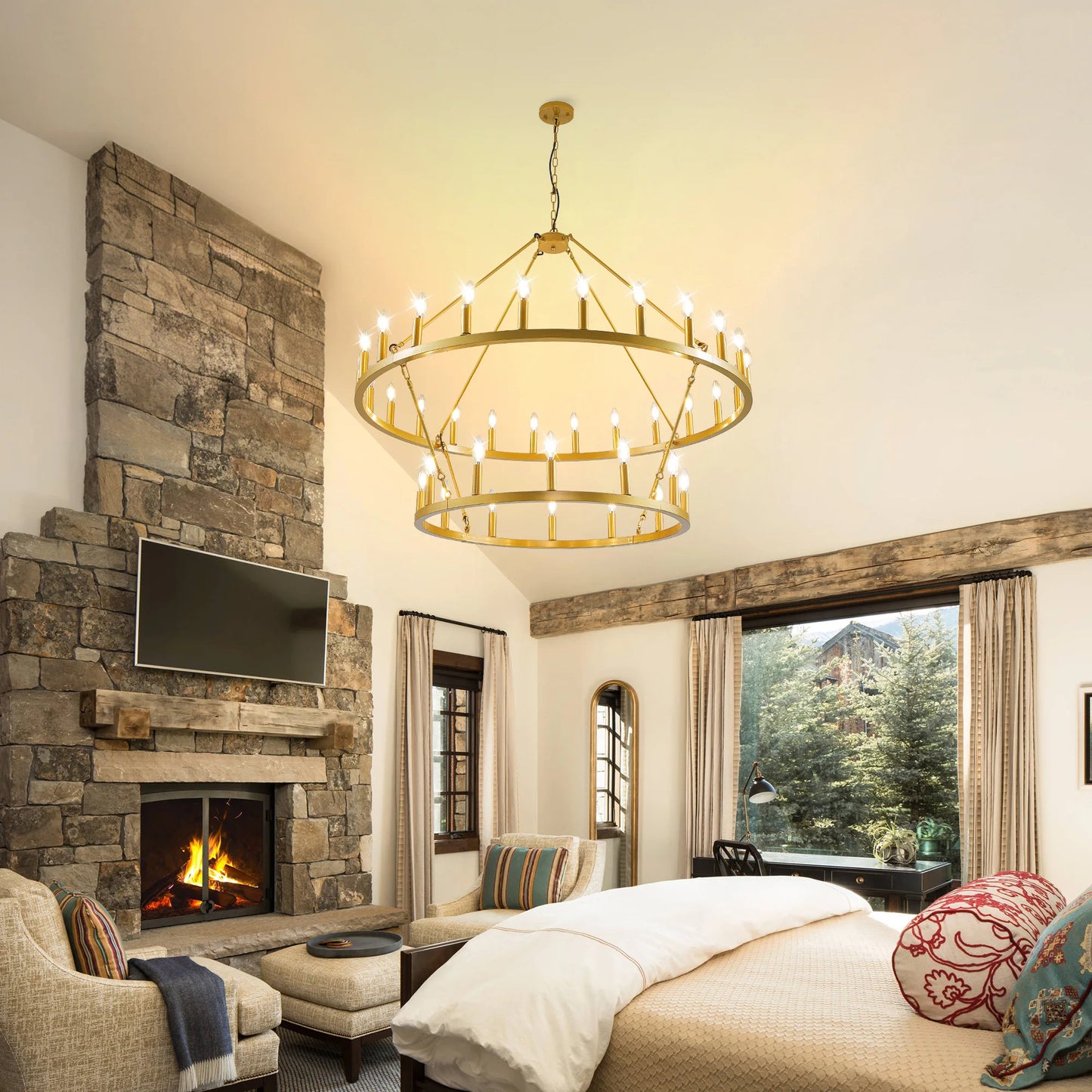 47 Inch Wagon Wheel Chandelier 2 Tier 36 Lights Farmhouse Pendant Dimmable