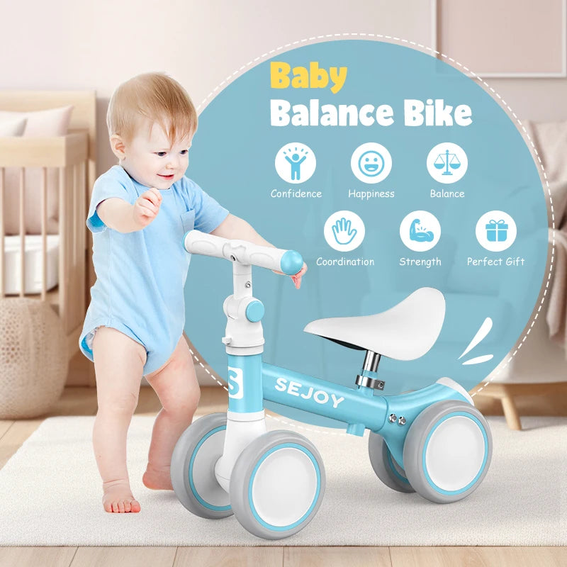 Sejoy Baby Balance Bike 4 Wheels For 10-36 Months Unisex Toddler First Bike Blue