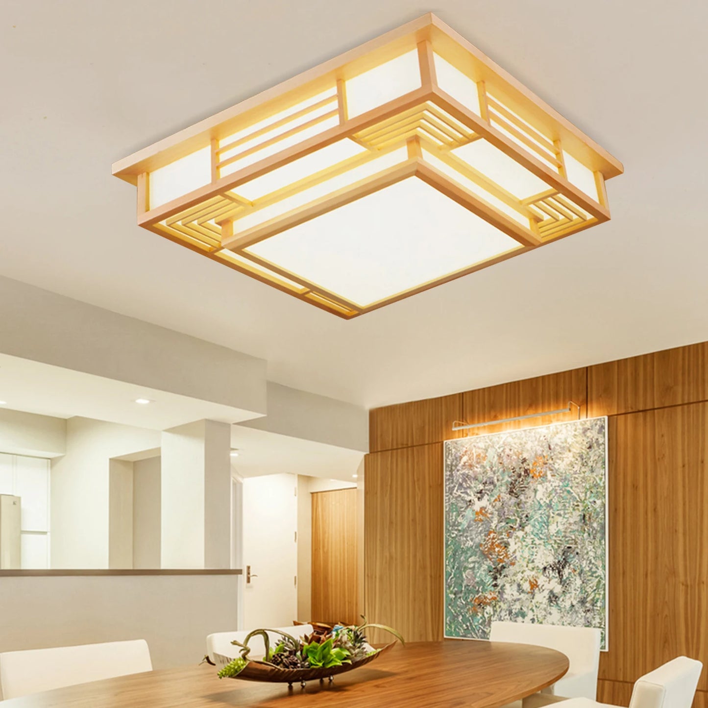 Japan Style Solid Wood Ceiling Lamp With Remote Control LED Flush Mount