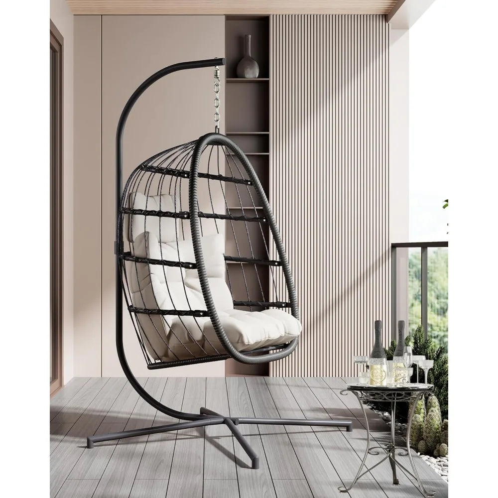 Hanging Egg Chair With Stand Beige Patio Wicker Hammock With Cushion Outdoor