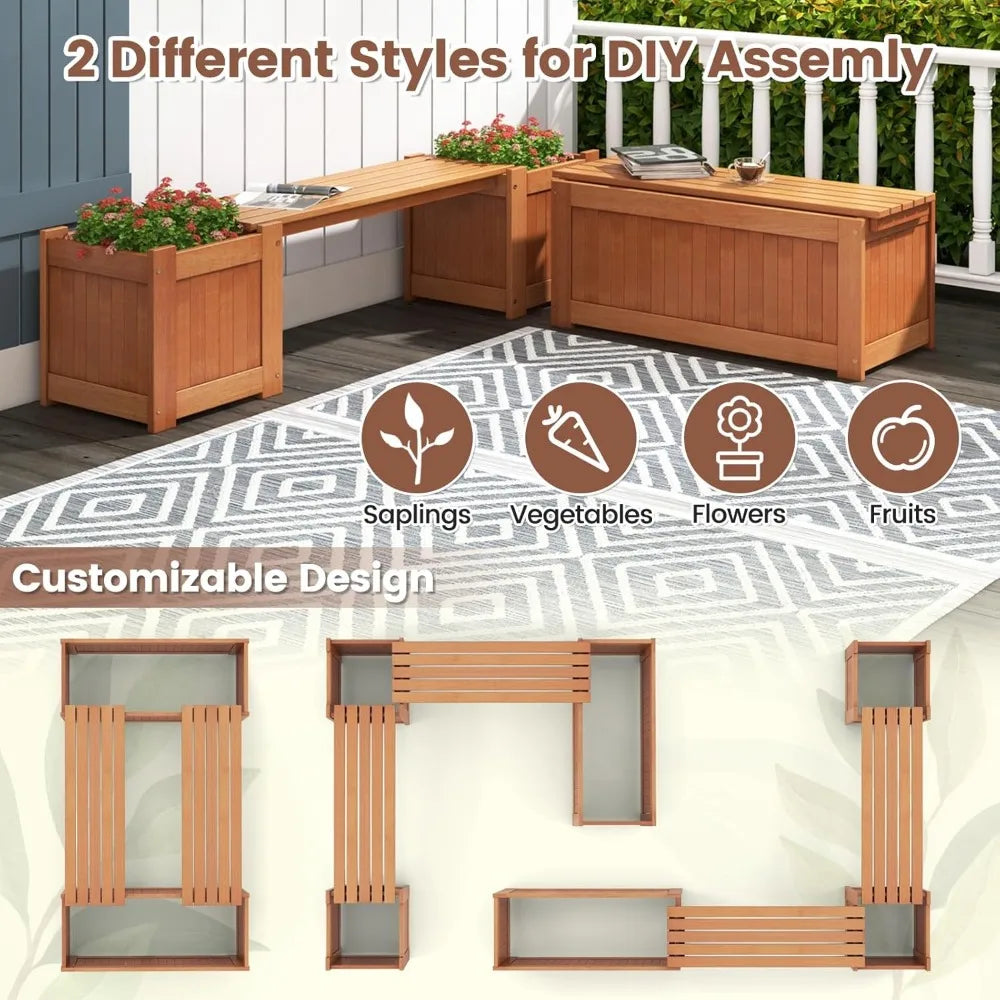 Ticify 3-In-1 Outdoor Teak Bench With Raised Bed And Planter Boxes