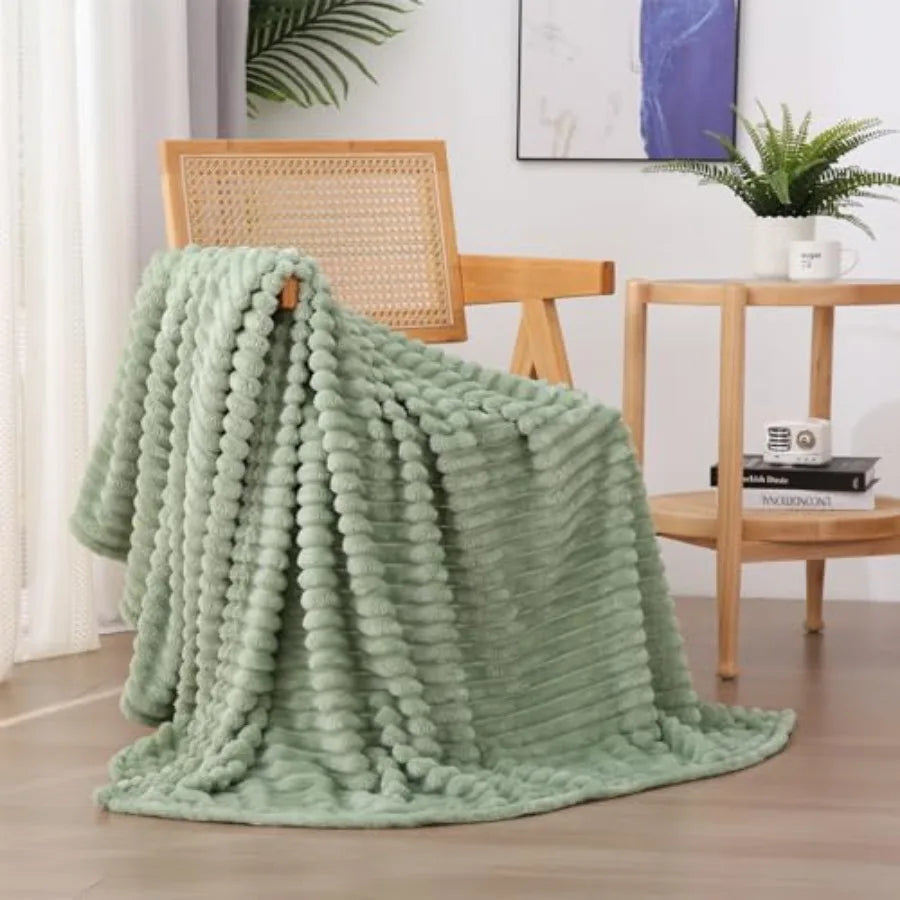 Sage Green Fleece Throw Blanket Striped 50x60 For Couch Sofa Bed Super Soft