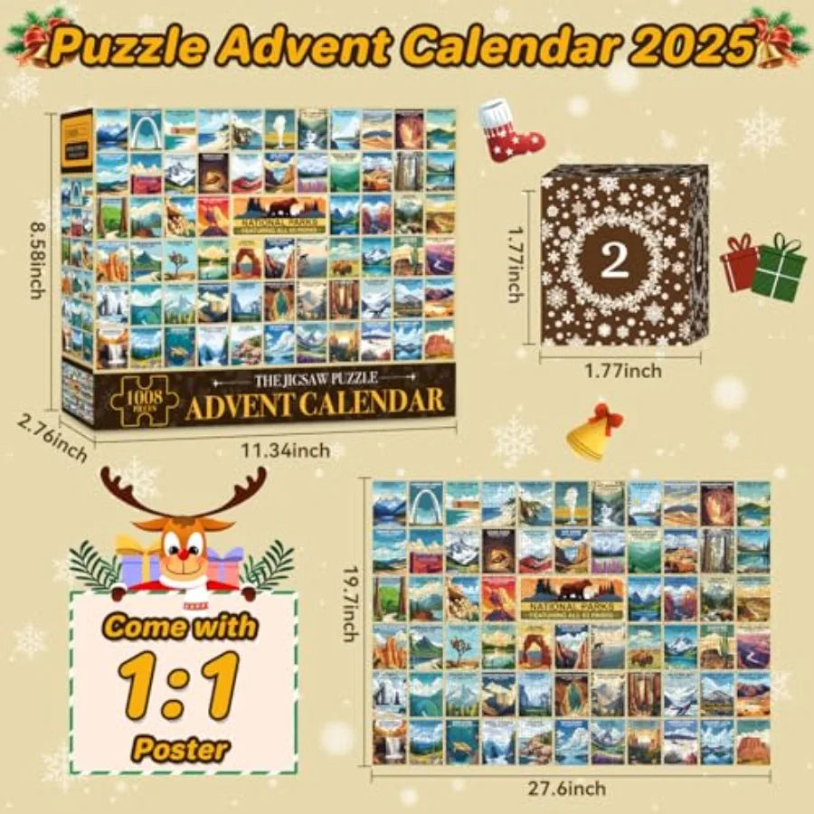 National Park Puzzle Advent Calendar 2025 for Adults and Teens: 1008Piece Countdown to Christmas with 63 Travel Poster Landscap
