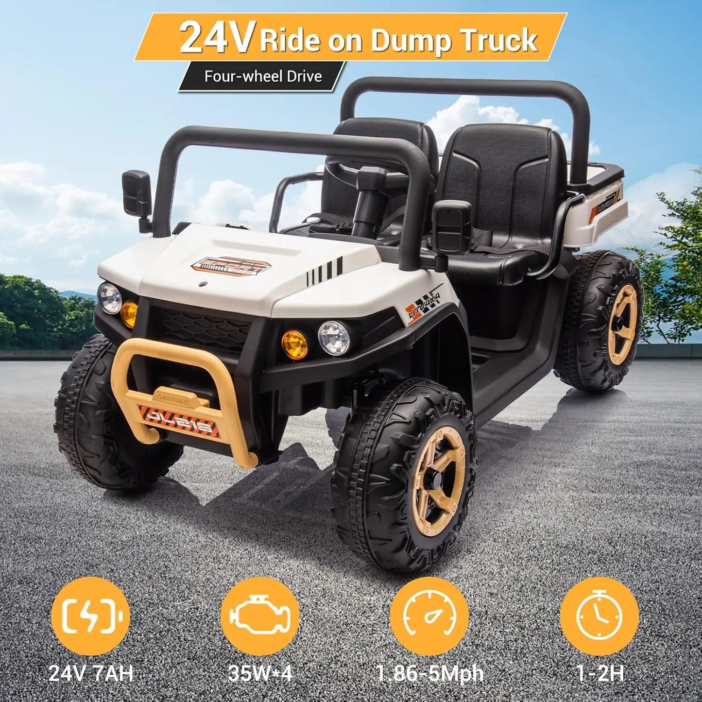 24V Two Seater Ride On Dump Truck With Remote 4WD LED Lights Music