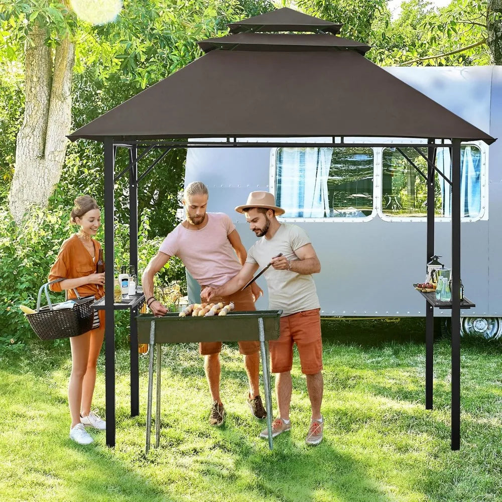 8x5 Grill Gazebo With 3 Tier Shelves Outdoor And Built In Bottle Opener Brown