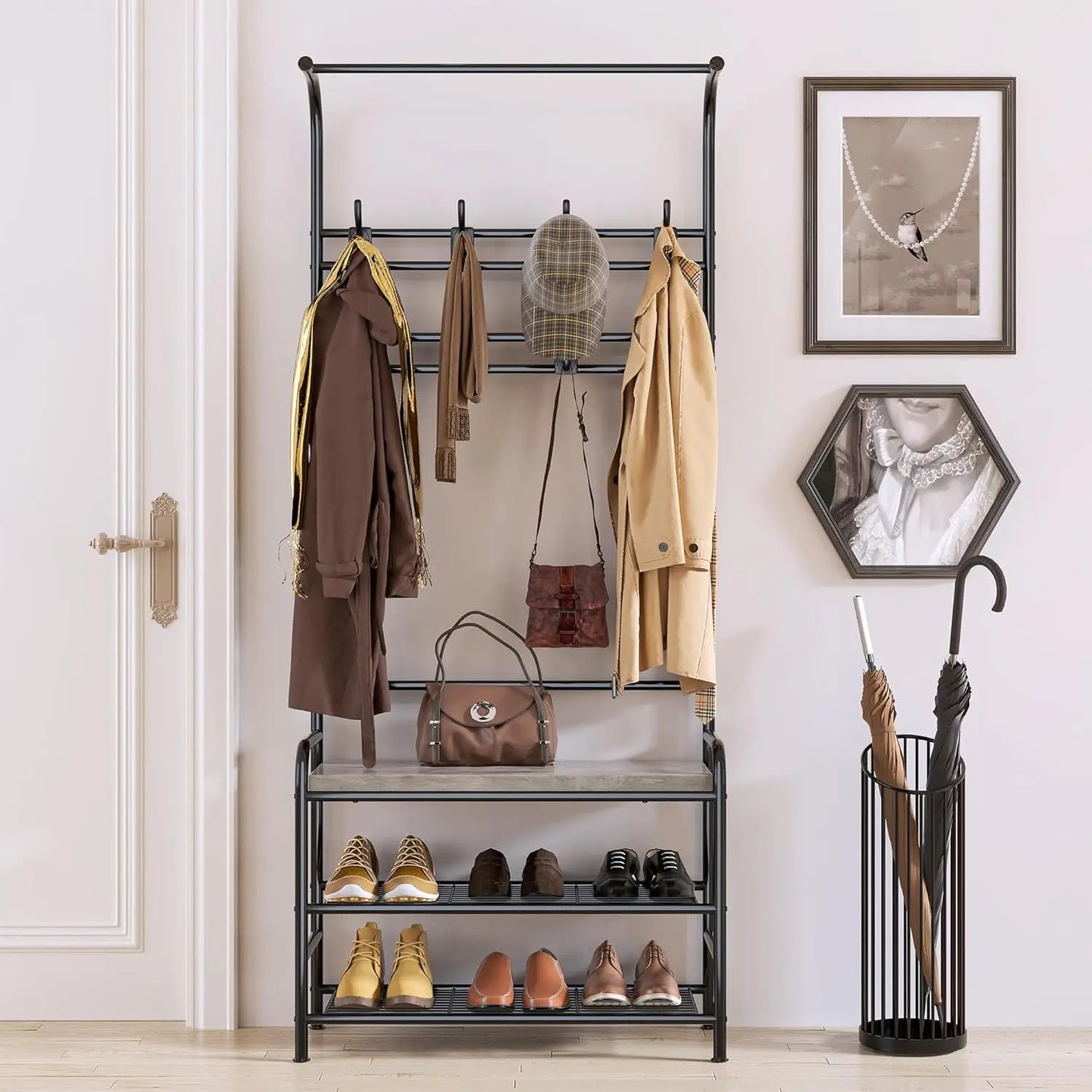 3-in-1 Hall Tree Shoe Rack for Entryway, Coat Tree with 3-Tier Storage Shelf and 8 Hooks, Multifunctional Hallway Organizer