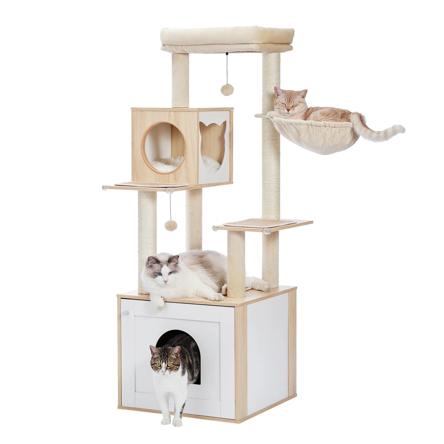 Multi Level Cat Tree Indoor Wood Cat Tower With Scratching Posts And Hammock