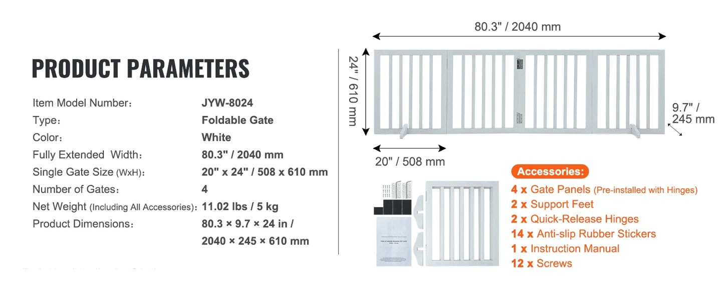 SucceBuy Free Standing Dog Gate 3 Panel Foldable Barrier For Narrow Passages
