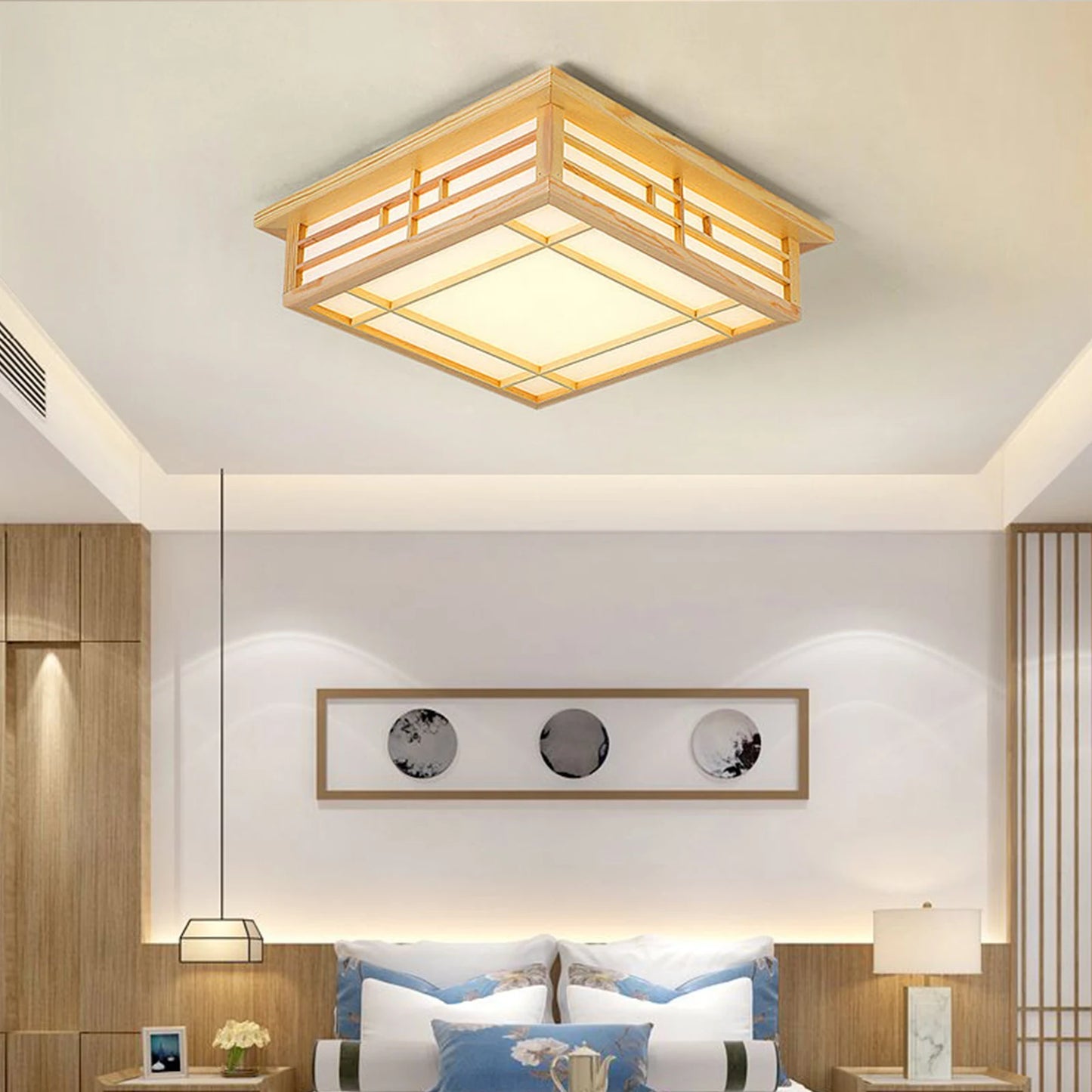 Japan Style Solid Wood Ceiling Lamp With Remote Control LED Flush Mount
