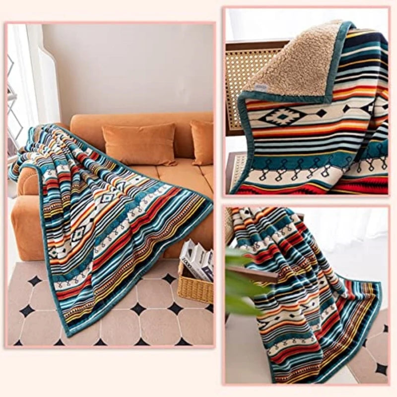 Lightweight Boho Sherpa Throw 50x60 Striped Blanket Plush Microfiber